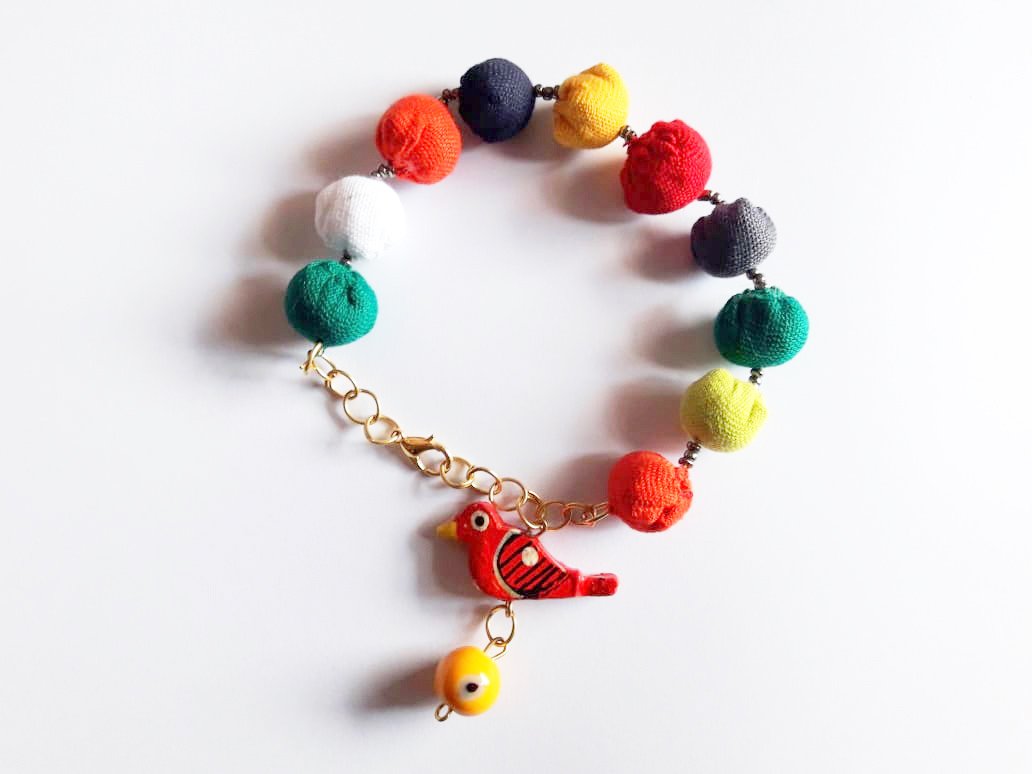 Handcrafted Cotton Fabric Bracelet with Tiny Bird