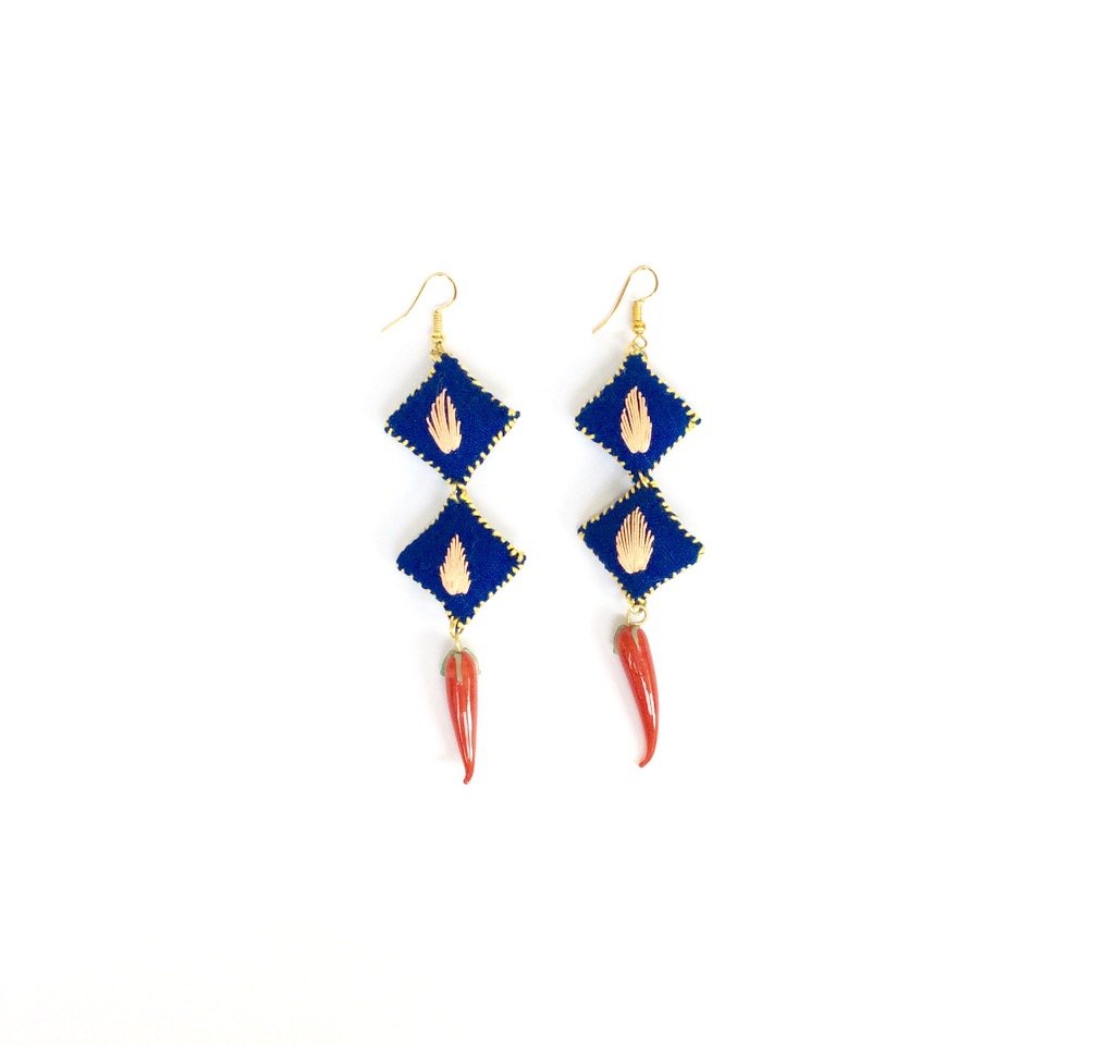 Handcrafted Embroidered Fabric Earrings with Red Chilly Beads