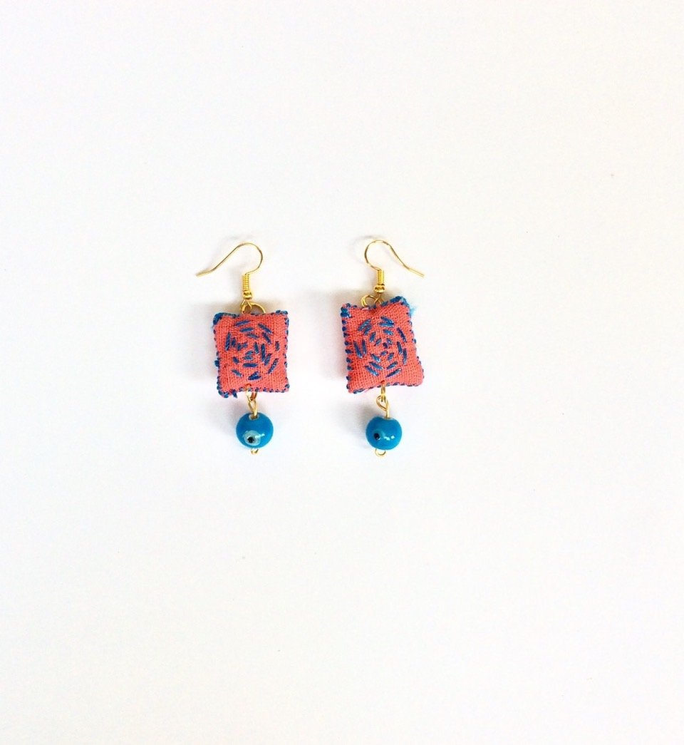 Handcrafted Embroidered Cotton Fabric Earrings with Glass Beads
