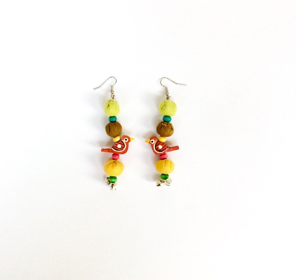 Handcrafted Fabric Earrings with Tiny Birds, Colourful wooden beads & Ghunghroo