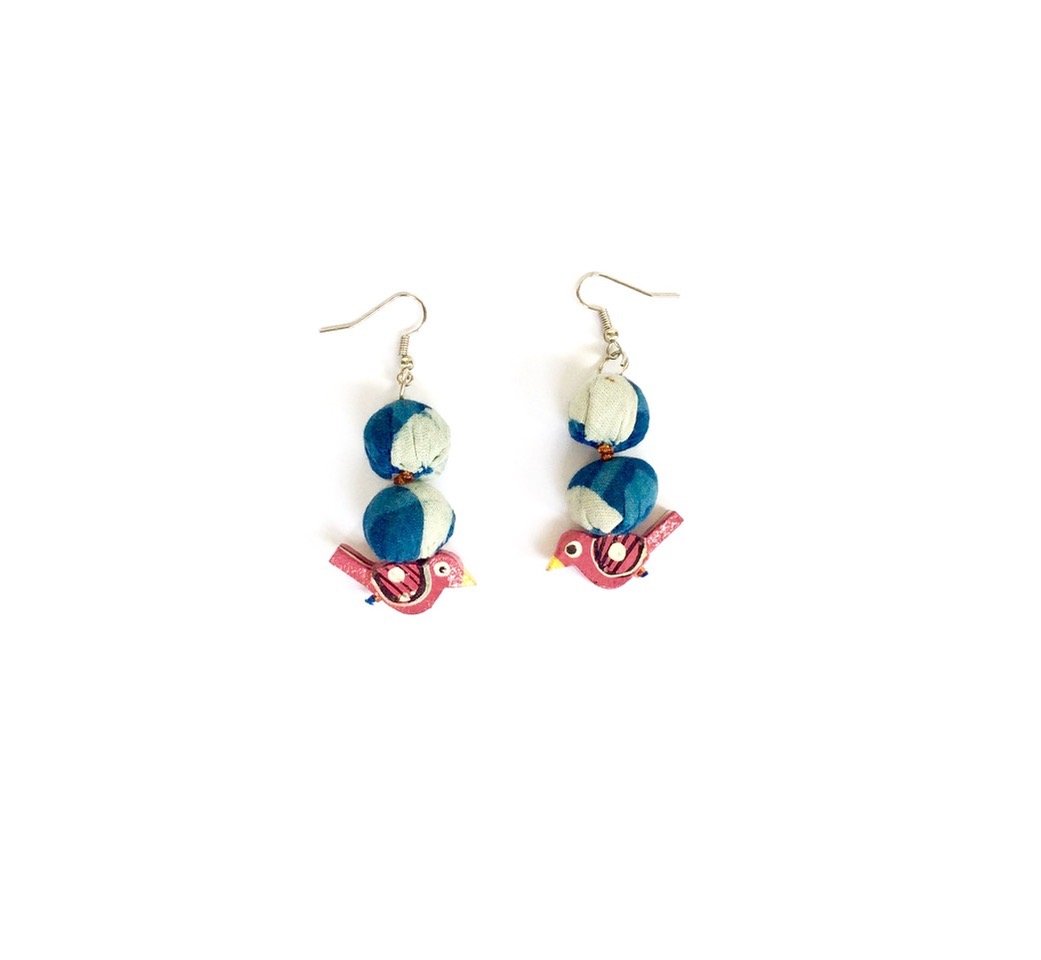 Handcrafted Indigo Fabric Earrings with Tiny Birds