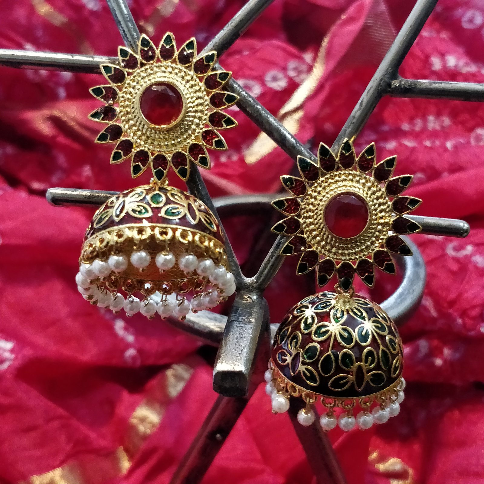Antique Red Color Kundan And Maroon color Dome-Shaped Jhumki