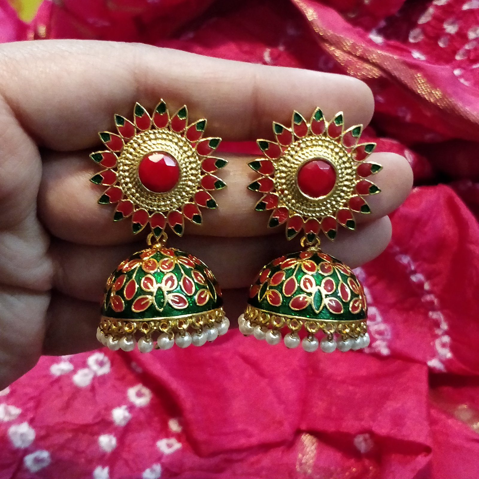 Antique Red Color Kundan And Green color Dome-Shaped Jhumki