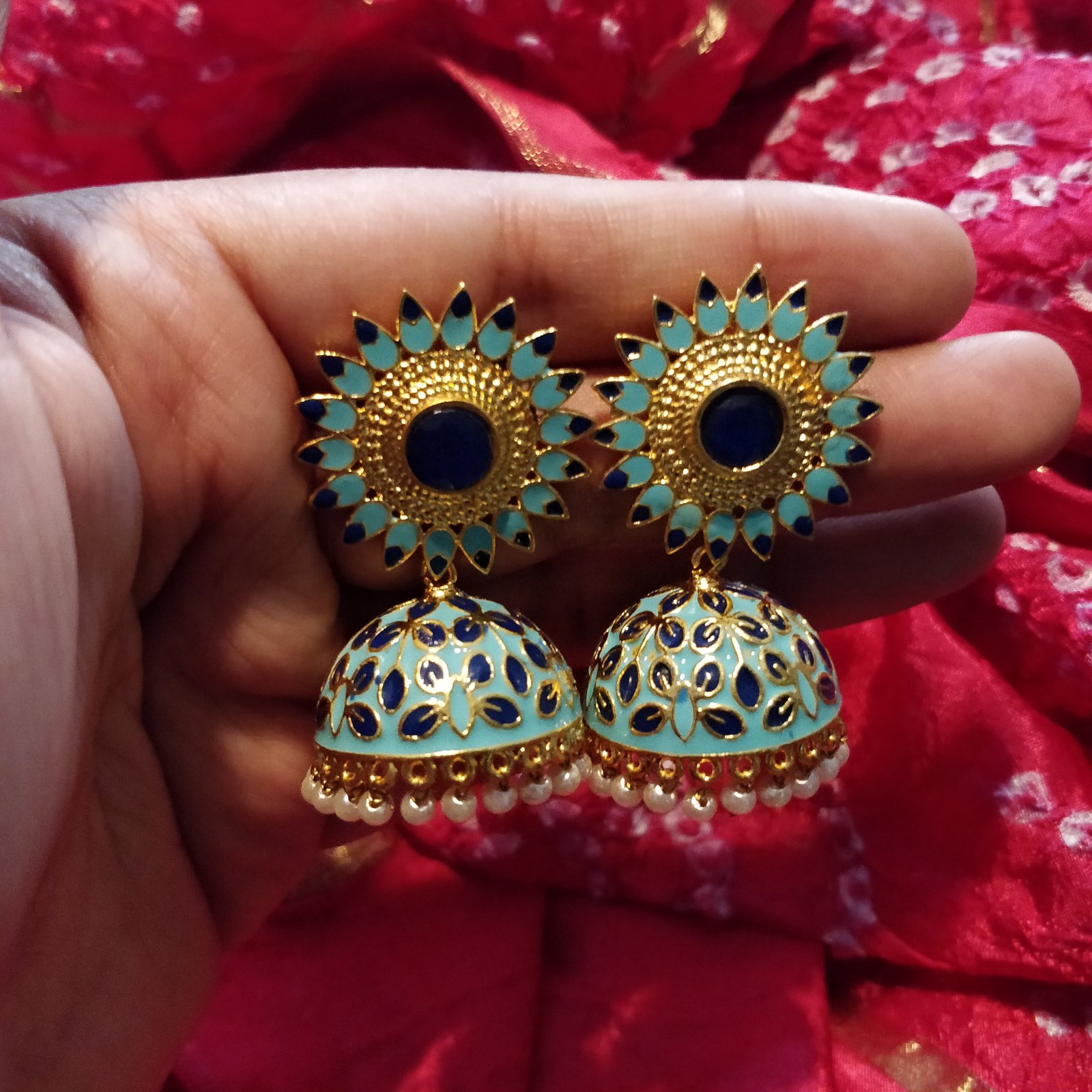 Antique blue Color Kundan And Green color Dome-Shaped Jhumki