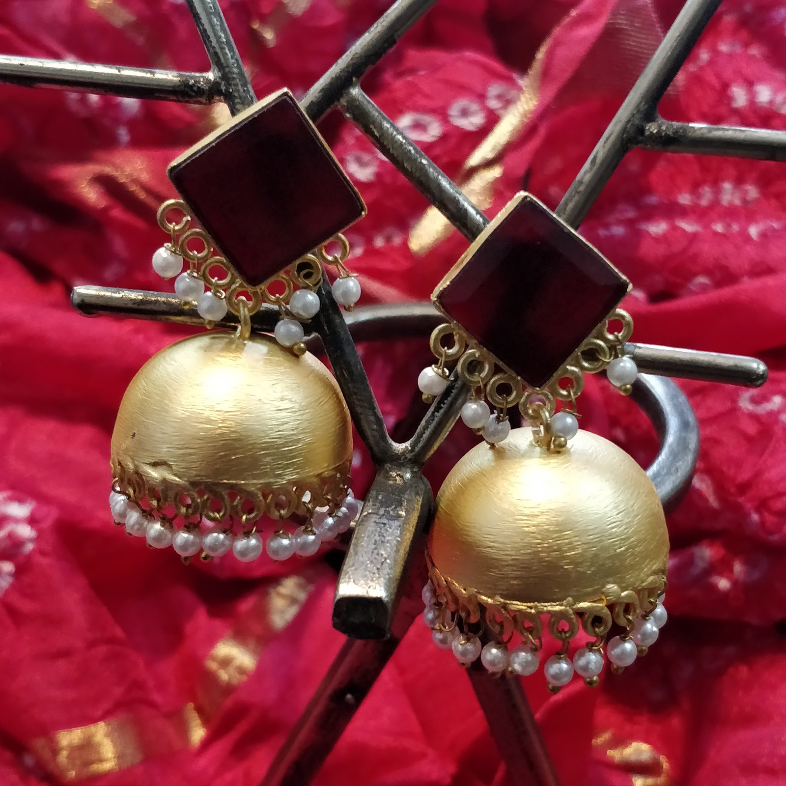 Antique Red Color Kundan And Golden color Dome-Shaped Jhumki