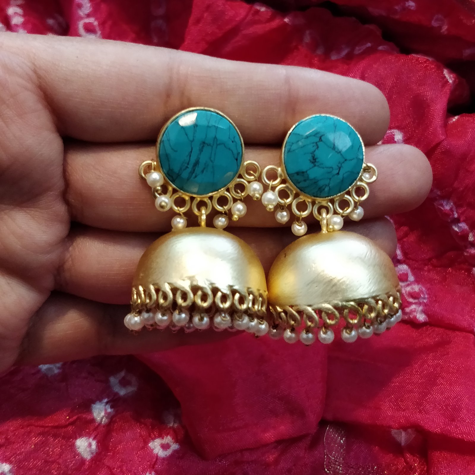 Antique Aqua Color Kundan And Golden Color Dome-Shaped Jhumki
