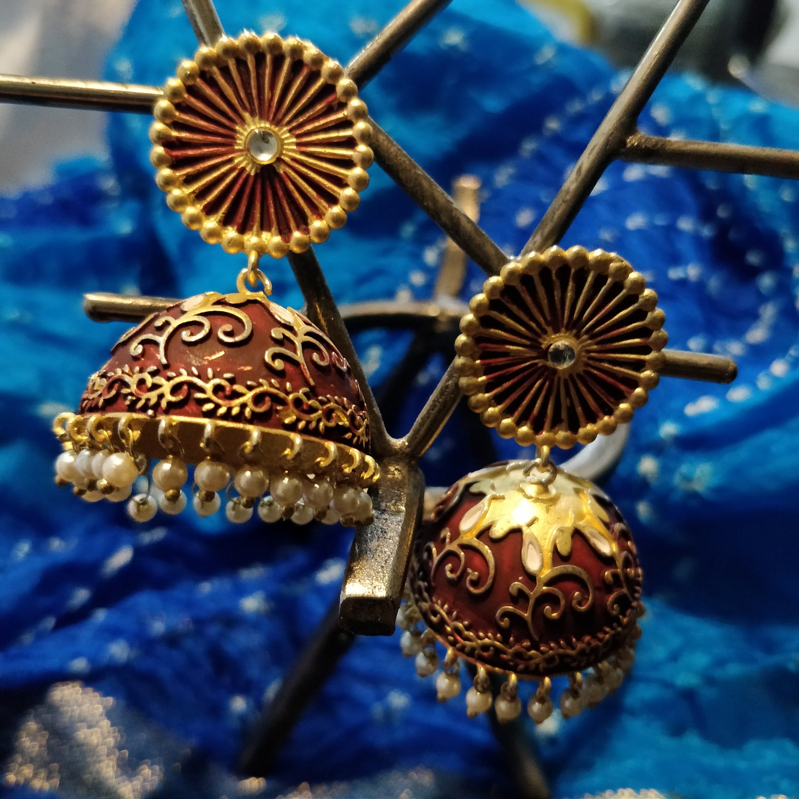Antique Maroon Color And Golden Embroider Dome-Shaped Jhumki