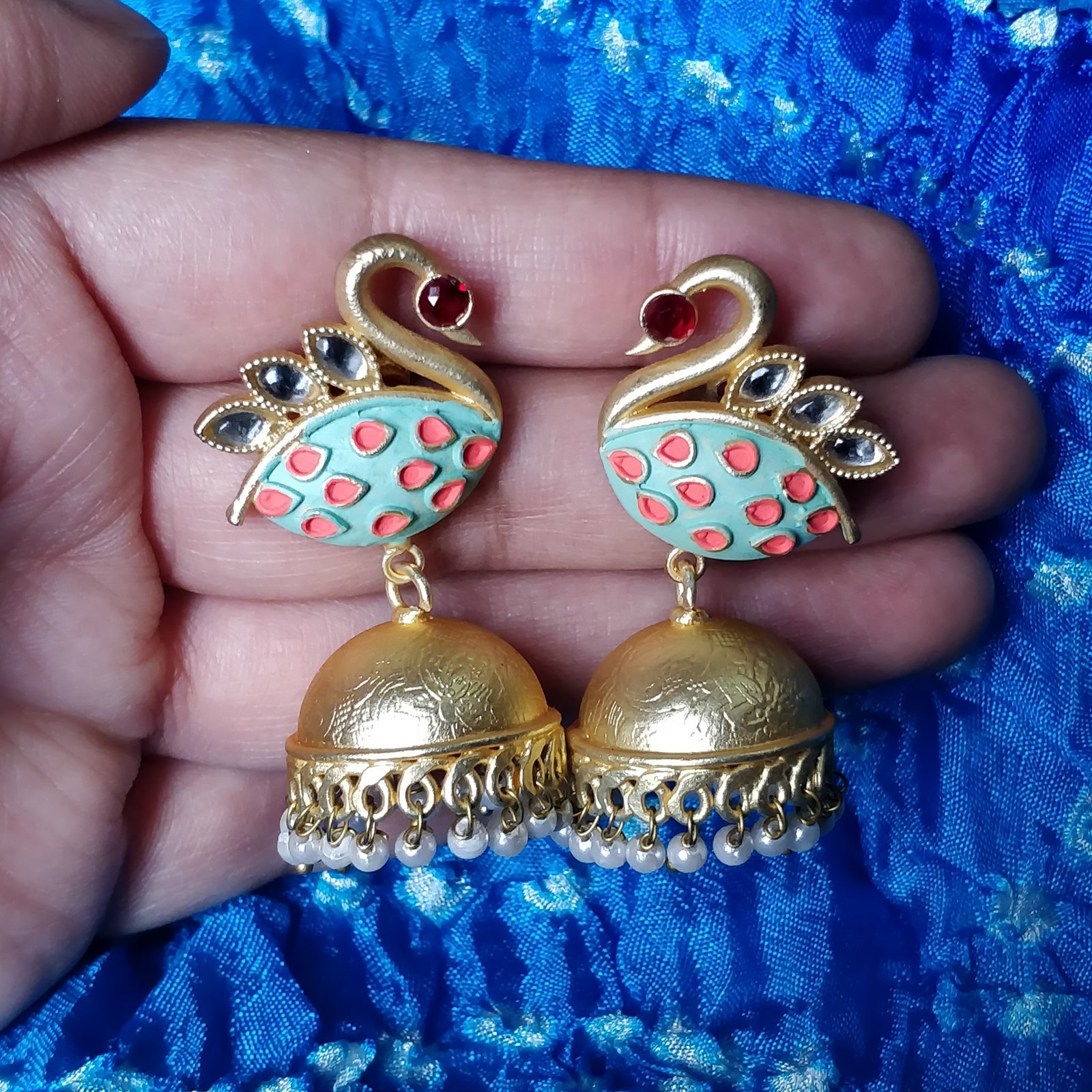 Antique Aqua Color Peacock Design On Top Golden Dome Shaped Jhumki