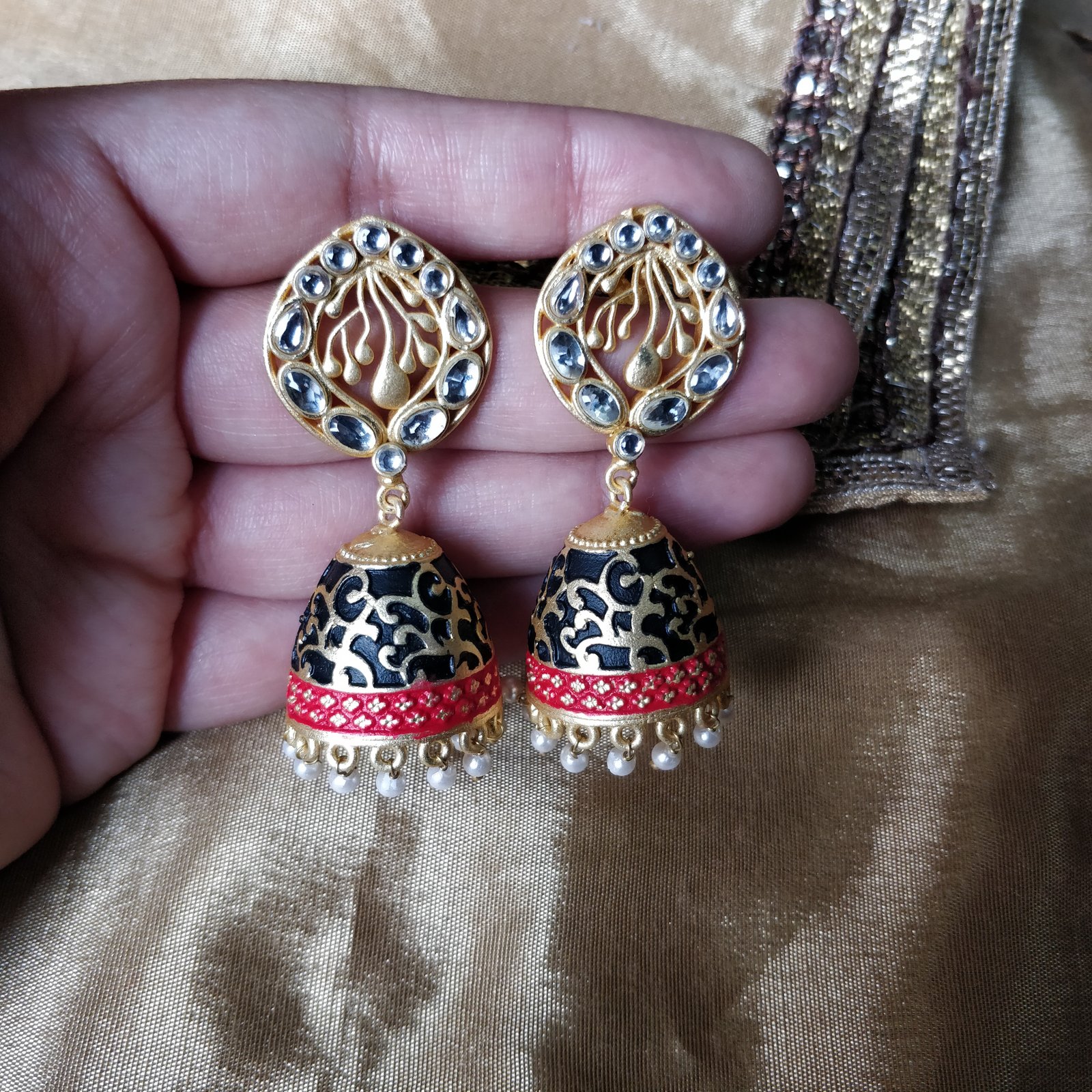 Antique Blue and Red Color And Golden Embroider Dome-Shaped Jhumki
