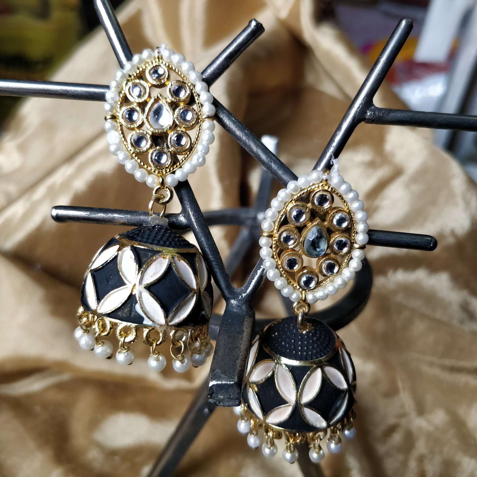 Antique Black Color And white Embroider with White kundan Dome-Shaped Jhumki