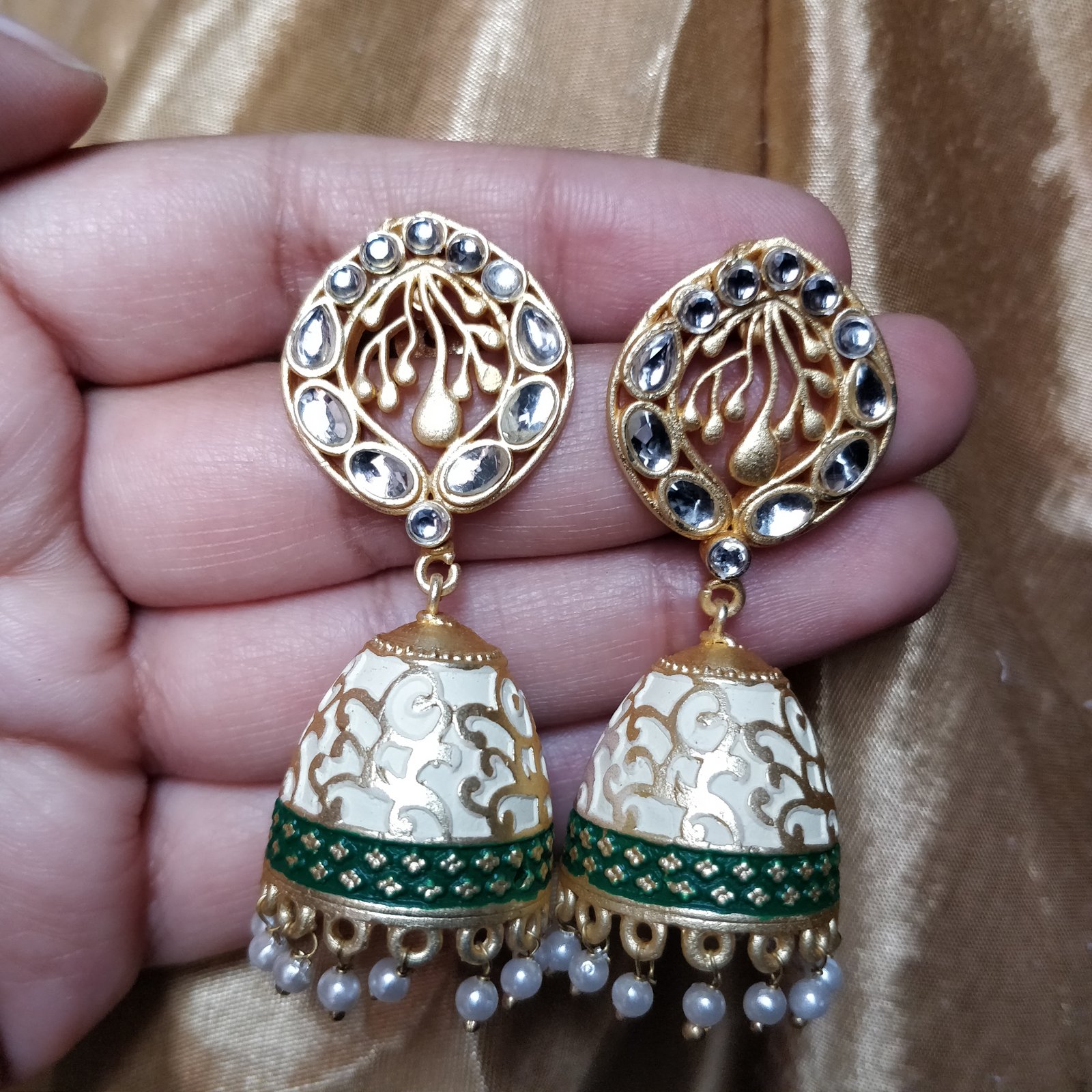 Antique white and Green Color And Golden Embroider Dome-Shaped Jhumki