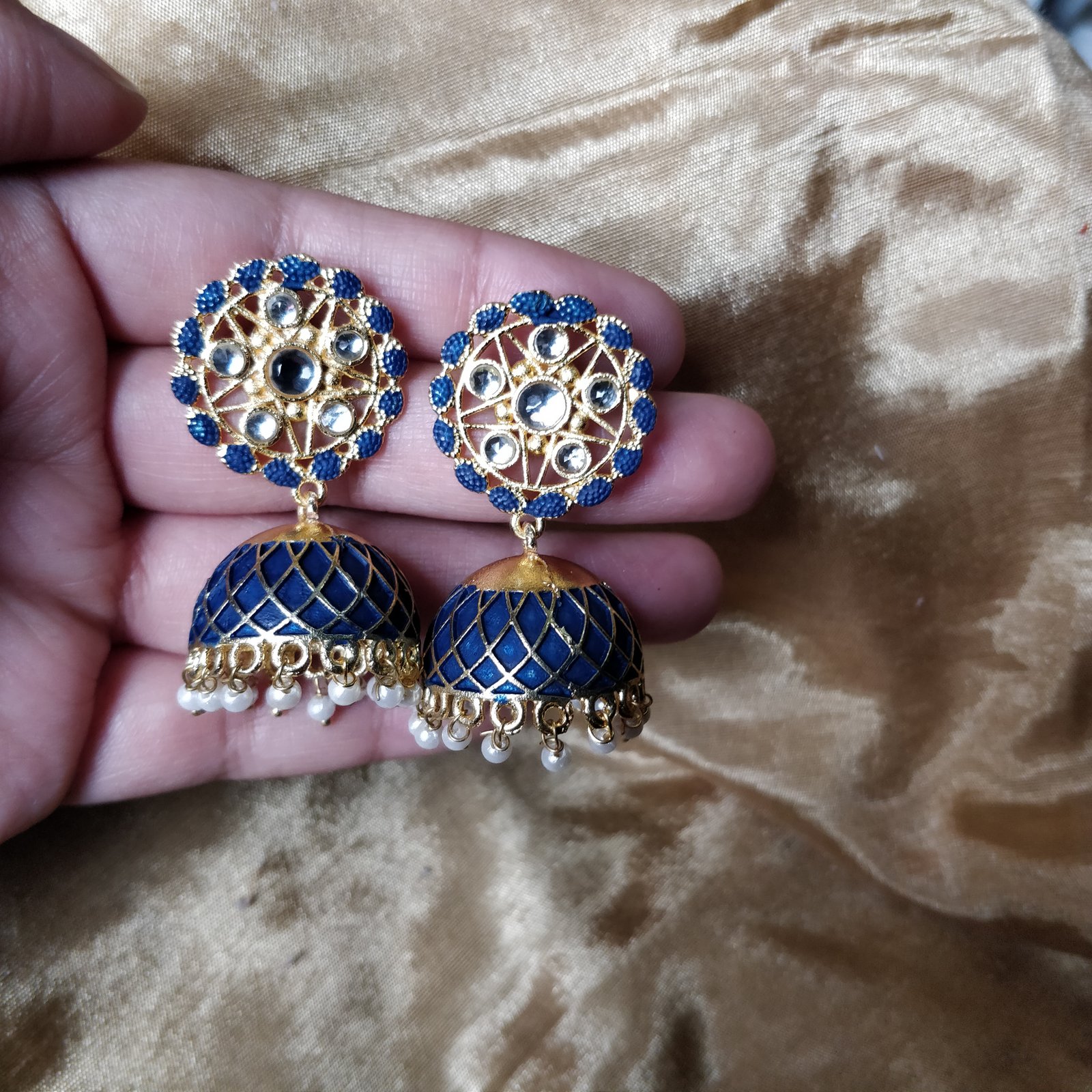 Antique Blue Color And Golden Embroider Dome-Shaped Jhumki