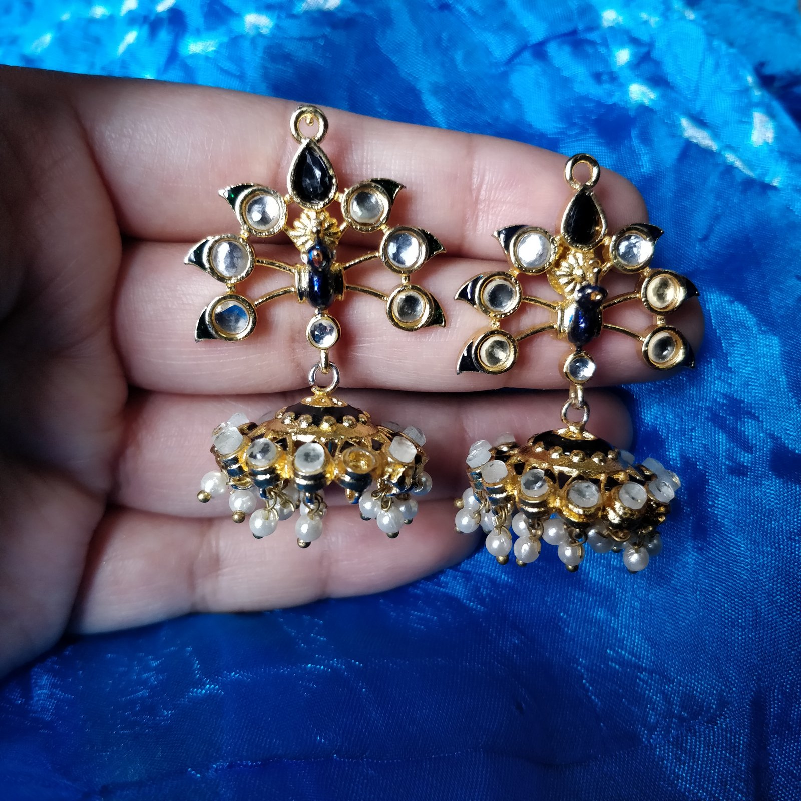 White And Blue Stone  On Top Golden Dome Jhumki