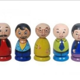 Motu and Patlu Family Statues Wooden Carved- Set of 5 peg dolls